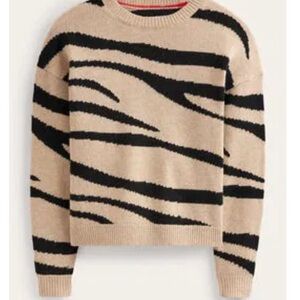Boden Black + Tan Zebra Animal Print Crewneck Knit Wool Sweater | Size XS